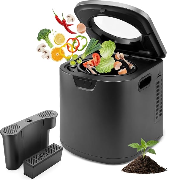 NutriChef 4 Quart Electric Kitchen Composter | Smart Countertop Composter Includes 2 Odorless Carbon Filters | Electric Compost Bin for Indoor Use | 3 Volume Based Modes Small, Medium & Large | Gray