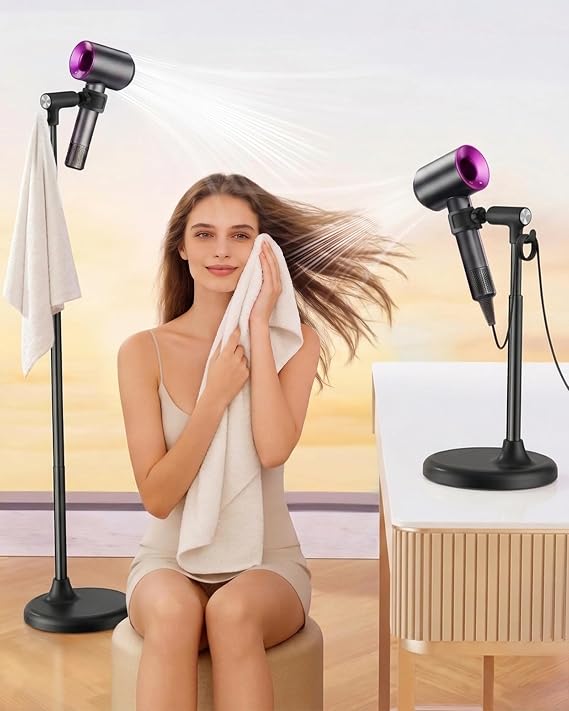 17.2" - 51" Height Adjustable Hands Free Hair Dryer Stand with Hook, Black