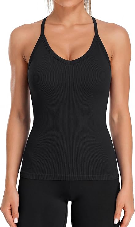 ATTRACO Ribflex Ribbed Workout Tank Tops for Women with Built in Bra V Neck Rackback Going Out Camisole