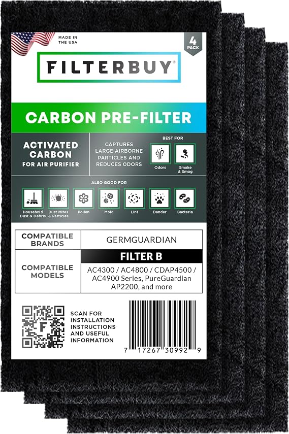 Filterbuy Activated Carbon Pre-Cut Filter B for GermGuardian (4-Pack)