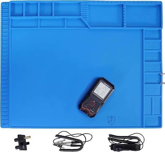 Kaisi Large Anti Static Mat with Grounding Accessories,Soldering Mat | Heat Resistant Silicone Magnetic Work ESD Pad for pc building, Electronics, Laptop, Cellphone Repair Soldering 21.6" x 16.9"