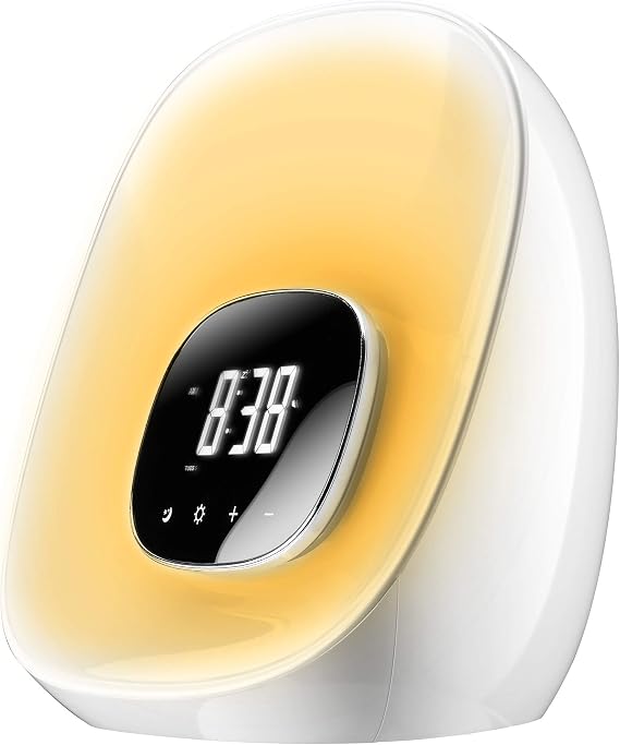 Groov-e Light Curve Wake-Up Light Alarm Clock with FM Radio - Sunrise & Sunset Simulation, RGB Mood Lighting, 10 Brightness Levels, 8 Alarm Sounds, Touch Controls & Snooze Function - White