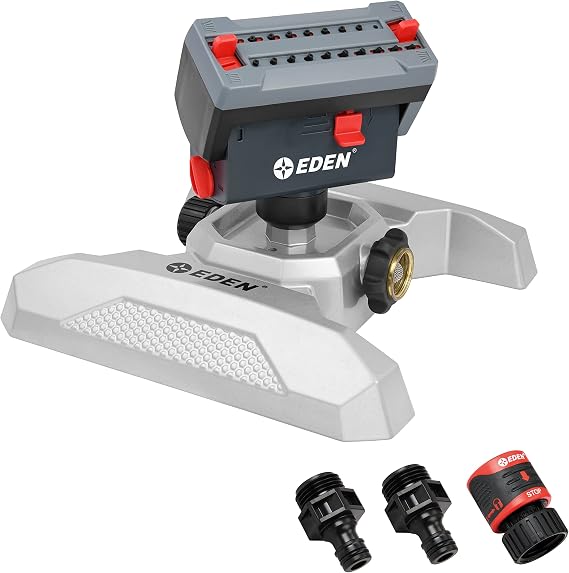 Eden 94127 Metal Adjustable 4-Way Mini Turbo Oscillating Sprinkler W/Quick Connect Starter Set, 20 Nozzle, Covers up to 4,000 sq. ft.