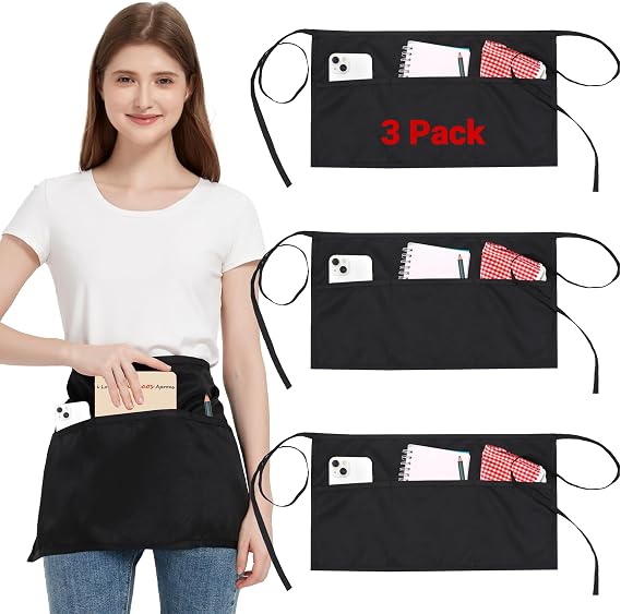 3 Pack Black Server Waist Apron with 3 Pockets for Waitress Waiter Unisex