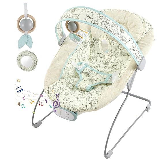 Portable Baby Bouncer for Infants,Foldable Baby Bouncer Seat,0-6M,0-20lb | 8 Melodies Music,3 Vibration Levels & Adjustable Volume,3-Point Harness,Machine Washable,Sensory Toys,Indoor & Outdoor Use