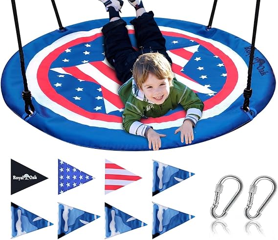 Royal Oak Saucer Tree Swing,Giant 40 Inches with Carabiners and Flags, Heavy Duty 1680D Oxford Fabric,700 lb Weight Capacity, Steel Frame,Waterproof, Easy Install Step by Step Instructions (US Flag)