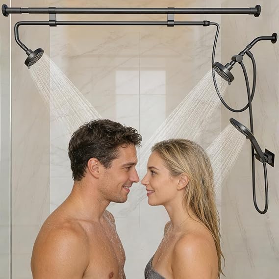 Tandem Shower, Dual Shower Heads For Couples & Handheld Head, High Pressure and Adjustable Double Shower Heads and 3-Setting Diverter Shower System, Gifts For Women Men (Black)