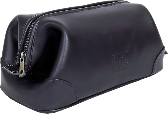 HLC Leather Toiletry Bag for Men Best Gift Premium Genuine Dopp Kit Shaving Kit Organizer Travel Kit Pouch Bag 10 inch Size (Black)