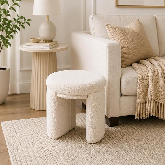 Round Accent Table Ottoman, Modern Sherpa Upholstered Stool for Home Decor, Small Teddy Footstool, Decorative Accent Piece for Living Room, Bedroom, Entryway, Beige