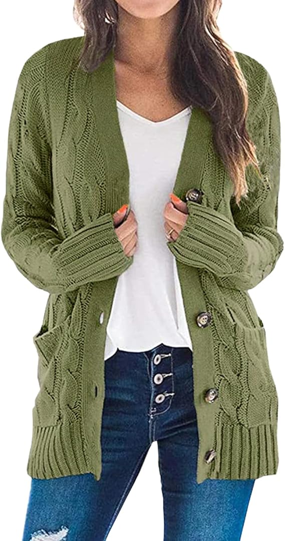Easygou Womens Button Cardigan Sweater Coat Cable Chunky Knit Oversized Sweater Soft Long Sleeve Open Front Slouchy Pocket Outwear Coat