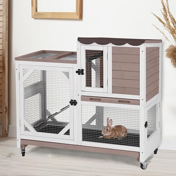 Aivituvin Rabbit Cage Indoor Bunny Hutch on Wheels Outdoor 2 Story Wood Guinea Pig House with 2 Deeper Pull Out Trays