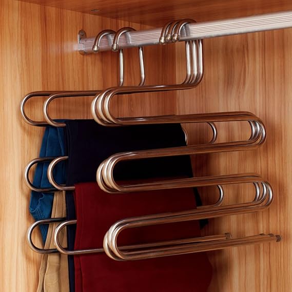 Eco life Sturdy S-Type Multi-Purpose Stainless Steel Magic Pants Hangers Closet Hangers Space Saver Storage Rack for Hanging Jeans Scarf Tie(Set of 5)