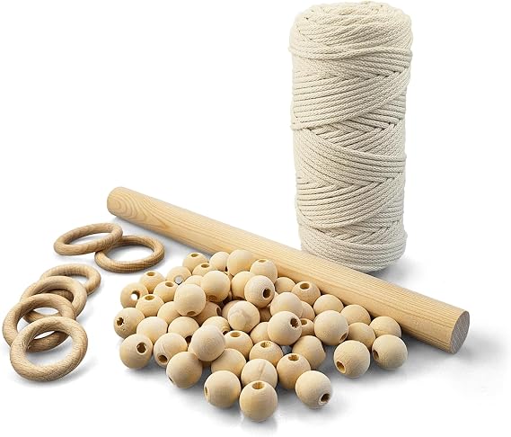 Netuno Macrame Kit with Instructions Cotton Cord Ivory Wooden Rings Wooden Beads Wooden Stick Wall Hanging Basket Plant Hanger DIY Kit Beginners Set