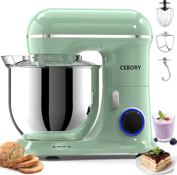CEBORY 3-IN-1 Stand Mixer, 6.5 QT Tilt-Head 10-Speed Food Mixer, Kitchen Electric Mixer with Dough Hook, Beater, Whisk, Bowl for Most Home Cooks, Light Green