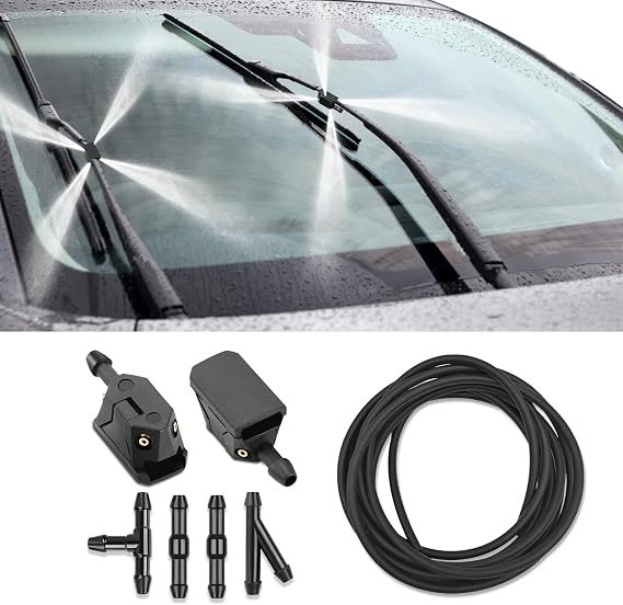 HAOBO Windshield Washer Nozzles Kit, Wiper Sprayer Nozzle, Front Windshield Spray Nozzles Wiper Spray Washer Jet and Fluid Hose with Connectors, 4 Holes Car Windshield Washer Wiper Sprayer for Cars