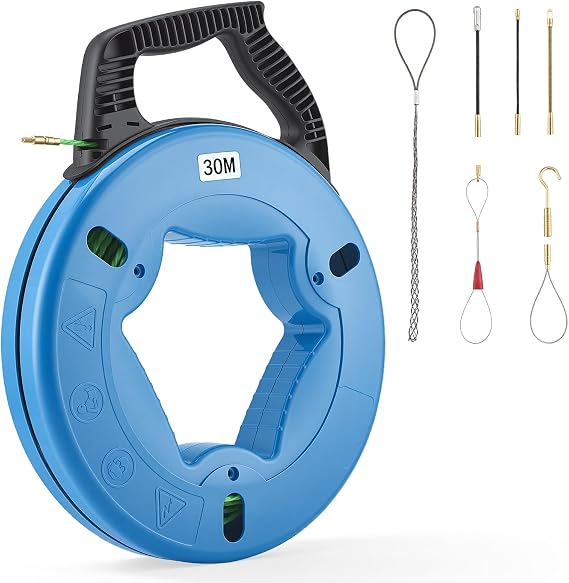 Cable Retraction Aid 30 m Retractable Spiral with 7 Adapters Fibreglass Cable Pulling Aid Glides Easily Around Pipe Curves Cable Retraction Aid for Pull Wire Empty Pipe Electric and