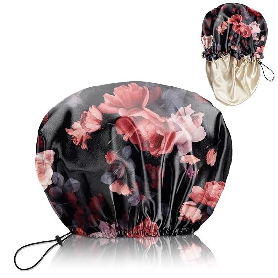 Luxury Shower Cap Reusable Waterproof Double Layer Elastic Adjustable Satin Lined Hair Bath Cap Cute Aesthetic Women Girls (Rose)