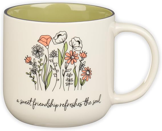 Christian Art Gifts Large Ceramic Coffee & Tea Mug for Women & Friends: Sweet Friendship - Proverbs 27:9 Scripture, Cute Microwave/Dishwasher Safe Floral Cup, Sage Green/White, 15 oz.