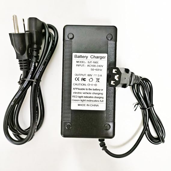 60 Volt 3 Amp 3-Pin Charger for 60V Lead Acid for e-Wheels EW-52 EW-54, 60V Lead Acid SLA Battery Devices, Big Scoo-ters, Go-Karts, MotoTec etc. 3A Fast Charger