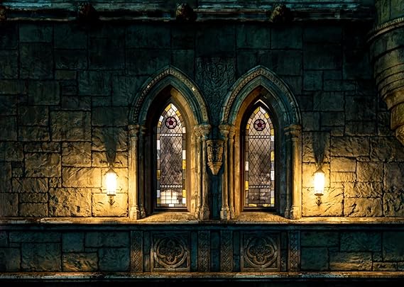 BELECO 7x5ft Fabric Gothic Castle Photography Backdrop Ancient Stone Castle Arched Windows with Stained Glass Dim Light Halloween Evil Background Medieval Castle Theme Party Decorations Photo Props