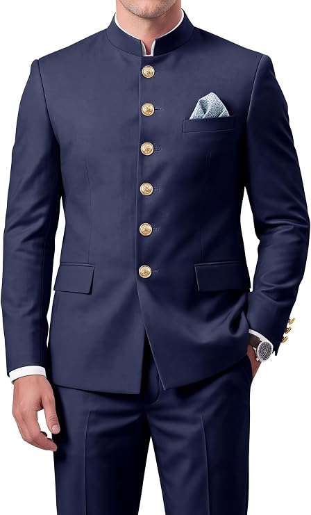 Men's Chinese Tunic Suit Mandarin Collar 2 Piece Slim Fit Traditional Uniform Groom Wedding Blazer Pant Set