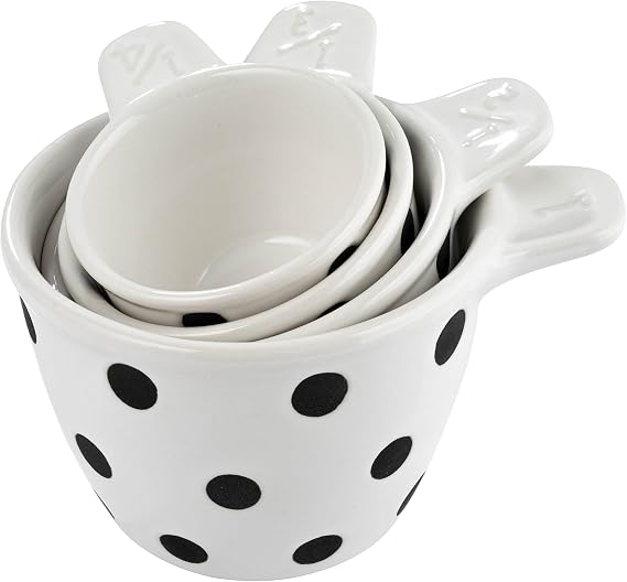 Creative Co-Op Ceramic Measuring Cups with Polka Dots, Set of 4 Sizes, Black and White