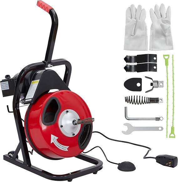 Drain Cleaner Machine, 50FT_1/2inch Professional Automatic Electric Drain Auger for 1 to 4 Inch Pipes, Portable Electric Drain Snake With 4 Cutters & Foot Switch and Pair of Gloves