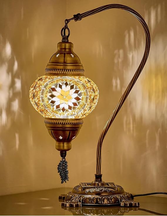 DEMMEX Turkish Moroccan Mosaic Table Lamp Handcrafted Tiffany-Style Colorful Glass Swan Neck Bedside, Desk, Table Light, Boho Artisan Accent Lighting for Bedroom or Living Room 15" H, Amber Brown