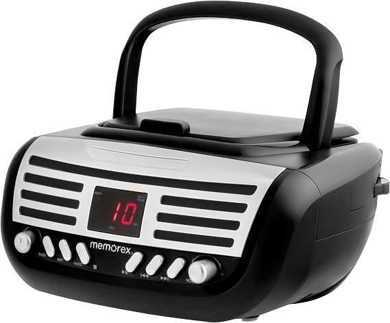 Memorex AM/FM Top Loading CD Player | Portable Stereo with Programmable Memory | Auxiliary Input and LED Display (Black, Retro CD Boombox)