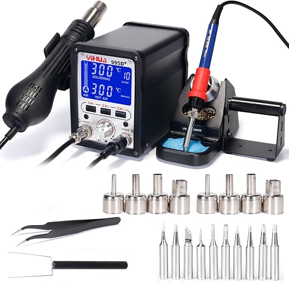 YIHUA 995D+ Professional Soldering & Rework Station bundle with #2300 Hot Air Nozzles with Iron holder, Soldering Cleaning Kit and Accessories (27 Items)