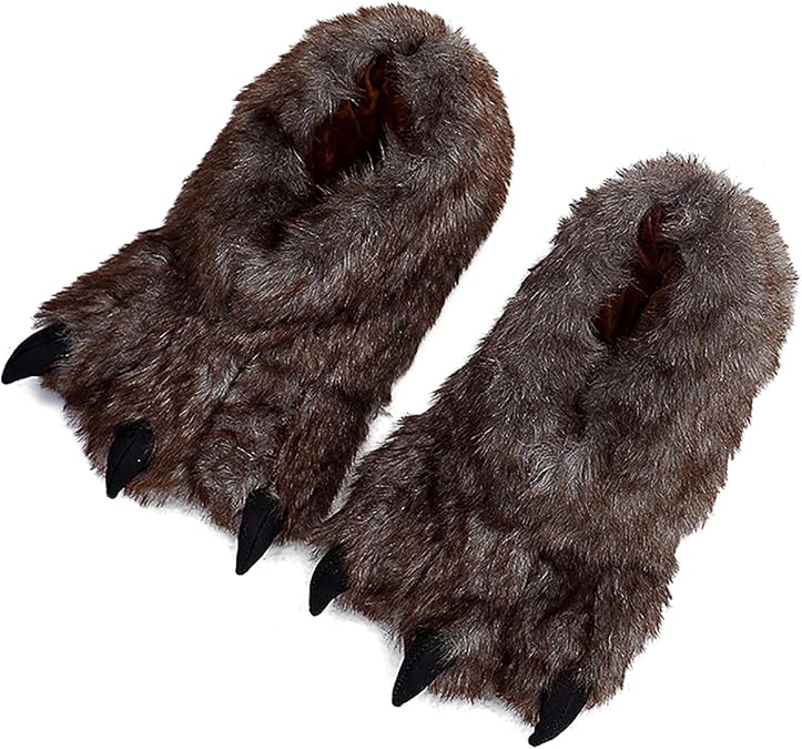 PURFUN Fuzzy Faux Fur Claw Slippers Men Women Teens Animal Bear Wolf Dinosaur Paw Slippers Ankle Boots Halloween Costume Footwear Winter Thermal Padded Indoor Slip-On Slippers Shoes Foot Warmer