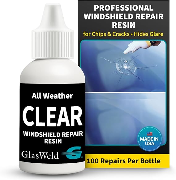 GlasWeld Windshield Repair Resin Liquid Auto Windshield Chip Repair Kit for Glass Crack & Damage Clear Tint for Reduced Visibility All-Weather Liquid Resin with Zoom Injector & UV Curing Lights