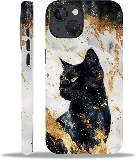 CARLOCA Compatible with iPhone 13 14 Full Body Matte Case for Girl Boy Hard Shell Shockproof for iPhone 13 14 Fashion Pattern Cool Black Cat White Marble Golden