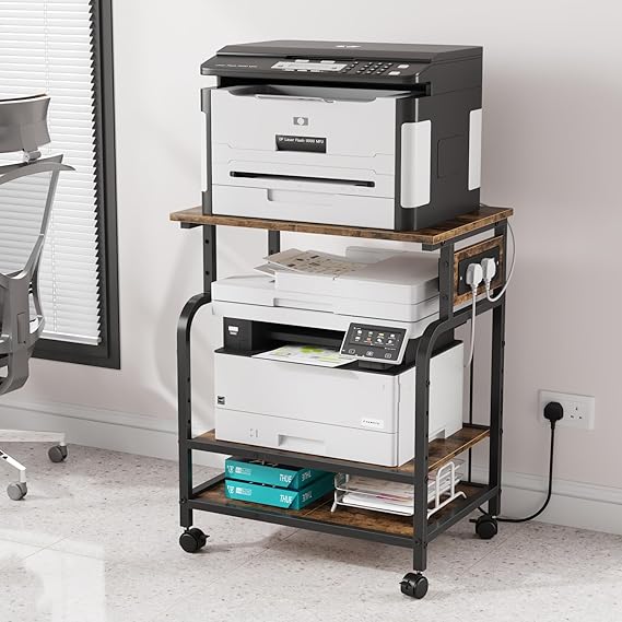 3-Tier Rolling Printer Stand with Outlets for Home, Office, Brown