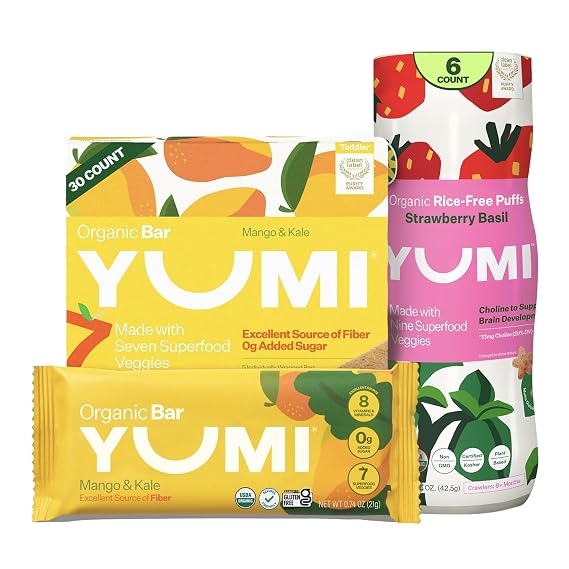 Yumi Organic Toddler Snacks Bars - Gluten-Free, No Added Sugar, 7+ Vegetables, Mango & Kale (30ct.) & YUMI Rice-Free Baby Puffs - No Sugar Added, Gluten-Free, Non-GMO, Strawberry Basil (6ct.)