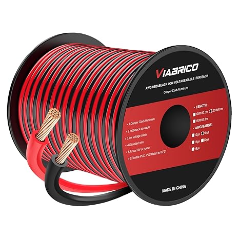 200FT 18 AWG Gauge Electrical Wire, DC 12V Hookup Red Black Stranded Auto 2 Cord Low Voltage, Extension Cable with Spool for LED Ribbon Lamp Light