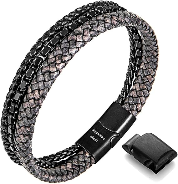 Men's Leather and Steel Chain Bracelet with Clasp