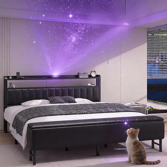 King Size Platform Bed Frame with Storage Headboard, Star Projector, Black