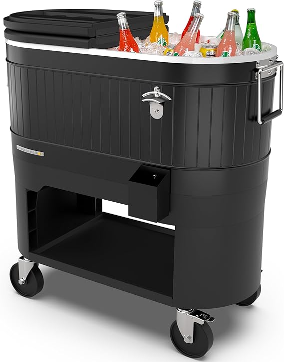 Permasteel Rolling Patio Cooler Large Outdoor Ice Chest with Wheels, Beverage Cooler for Backyard, BBQ, Tailgate, Beach, Parties, Rustic Farmhouse Design