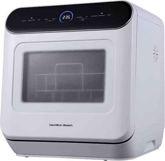 Hamilton Beach Portable Countertop Dishwasher No Hookup Unit with 6-Liter Water Bank for Tabletop, Apartment, or RV, Compact Dishwashing and Drying Machine, Delay Timer, Rapid Cleaning