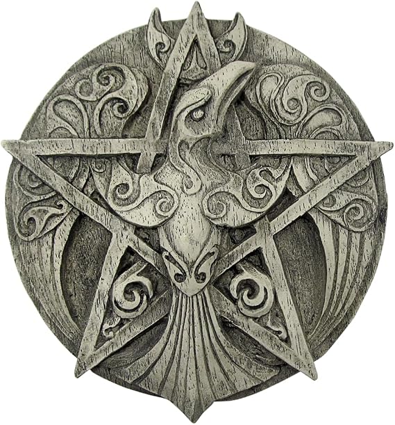Dryad Design Crescent Moon Raven Pentacle Wall Plaque - Wiccan Home Decor | Stone finish raven pentagram design; symbol of wisdom, transformation, and balance; durable resin pagan art