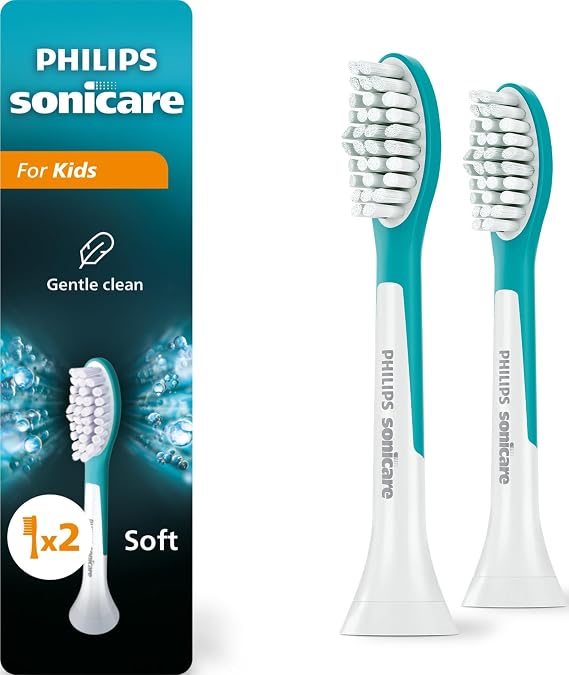 Philips Sonicare for Kids 7+ Genuine Replacement Toothbrush Heads, 2 Brush Heads, Turquoise and White, Standard, HX6042/94