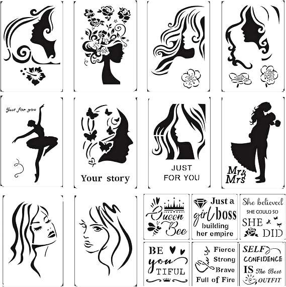 Face Painting Stencils, 16Pcs Female Face Stencils, Inspirational Quote | Large Women Painting Stencil Reusable Craft Template for Painting on Canvas Wood Tile Wall Paper Paint
