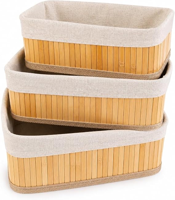 Bambu Organizer Sepet 3’lü Set – Kumaş Kaplı Dekoratif Saklama Kutusu, Çok Amaçlı Düzenleyici (Banyo, Mutfak, Dolap)