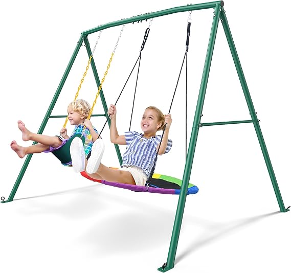 Trekassy 440lbs Swing Sets for Backyard, 2 Seat Saucer & Belt Swing - Green