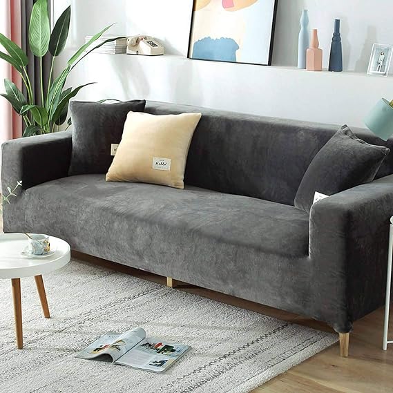 SJH Luxurious Velvet Sofa Slipcover for 2 3 4 Seater,Soft Plush Sofa Protector,Stretch Armrest Sofa Cover Water Resistance Furniture Protector-Grey-4Seater 235-280CM