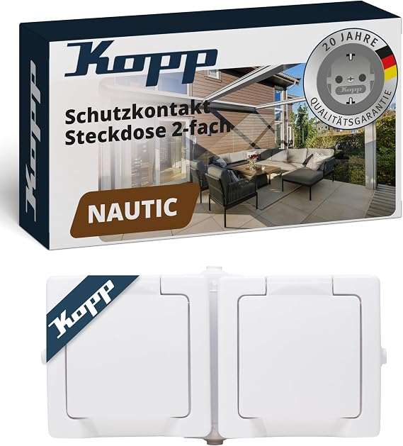 Kopp Nautic Double Protective Contact Socket with Hinged Lid and Increased Touch Protection Surface-Mounted Wet Room Horizontal 16 A 250 V/AC IP44 Arctic White 137002003
