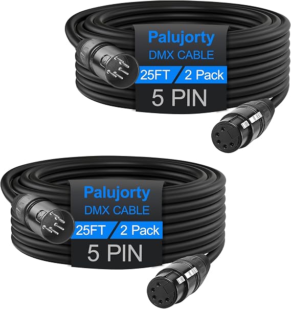 DMX Cable Wire 2 Pack, 5 pin DMX Cable 25FT with 3 Conductors for Stage Lighting & Controller