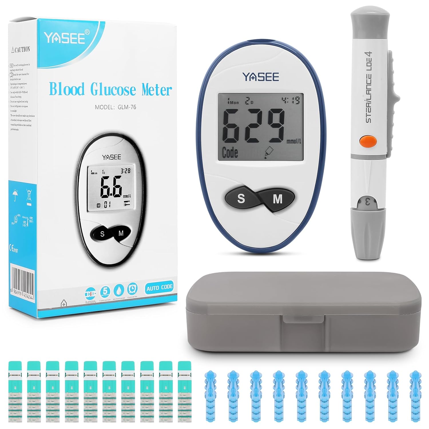 Blood Glucose Monitor Kit, 50 Test Strips, 50 Lancets, Auto Coding, 180 Test Memory, Carrying Case, Painless Lancing Device, Blood Sugar Testing for Diabetes, mmolL
