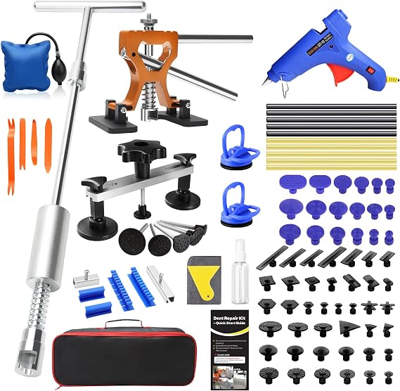 Car Dent Puller, Effortless Dent Removal Tool Kit with Strong Adhesive Glue Sticks & 100W Hot Glue Gun, Trim Removal & Air Wedge, Paintless Dent Repair for Auto Door Dings, Hail or Hood